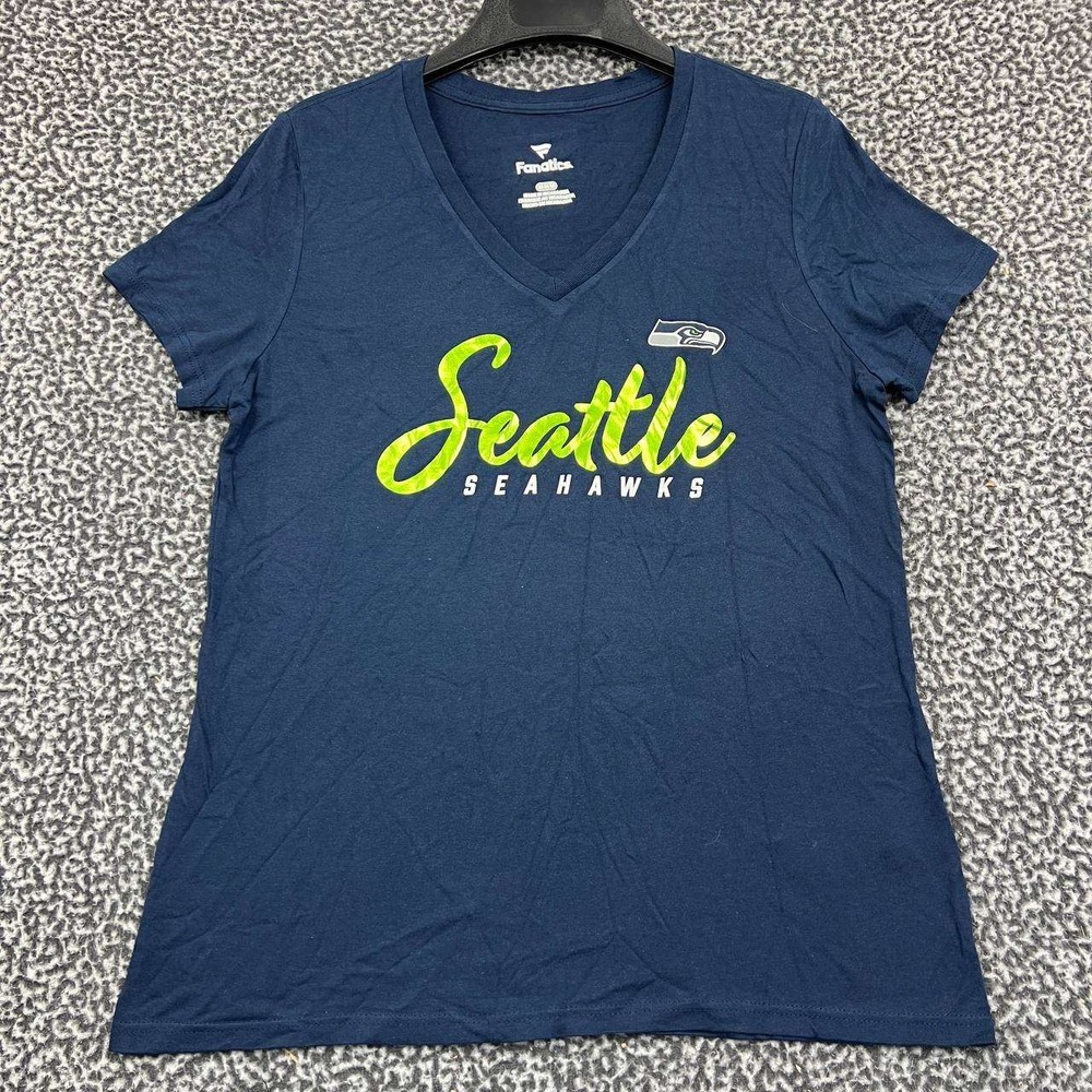Seattle Seahawks Shirt Women Medium Blue Fanatics Short Sleeve V-Neck New M